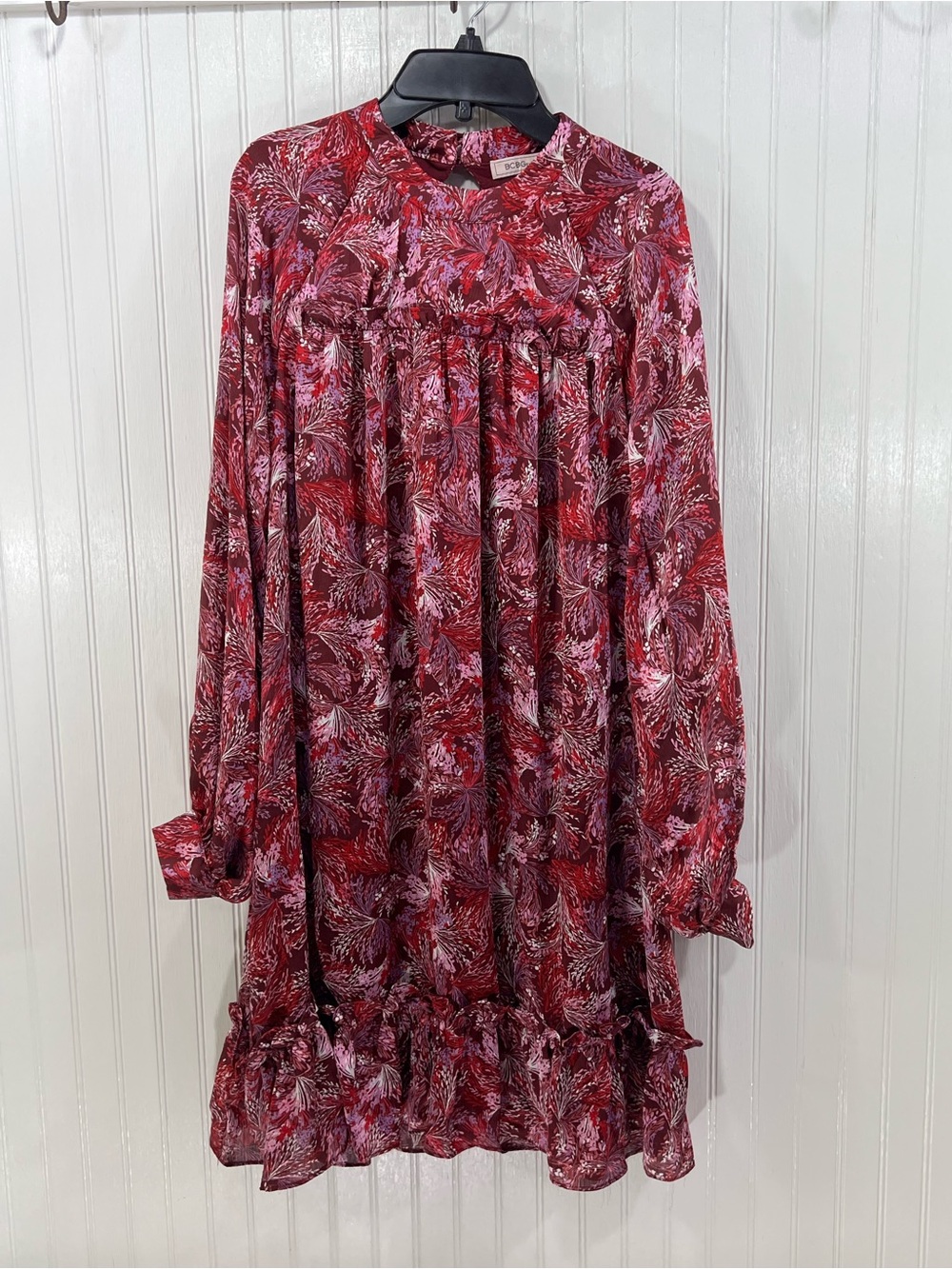 BCBGeneration Burgundy Boho Cottage Prairie Floral Long-Sleeve Dress 8 NWT